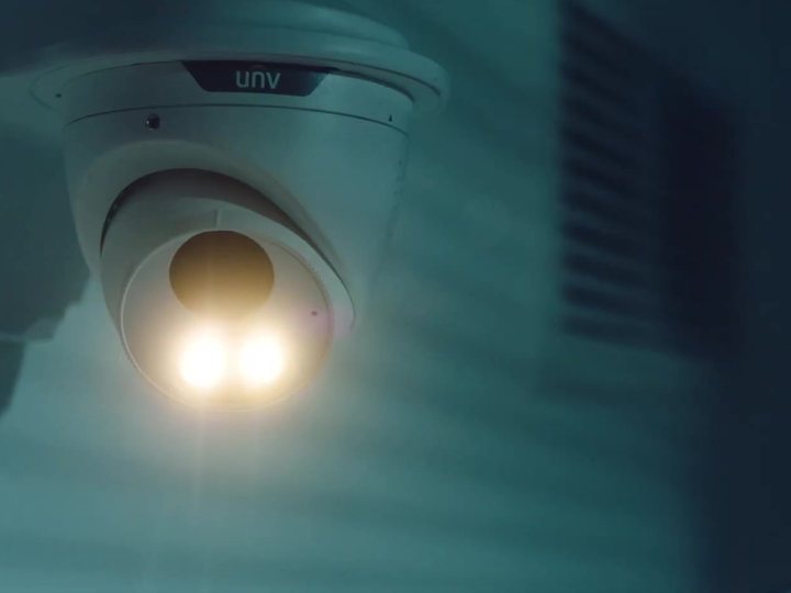 Uniarch Tri-Guard turret flashing its warning lights at night