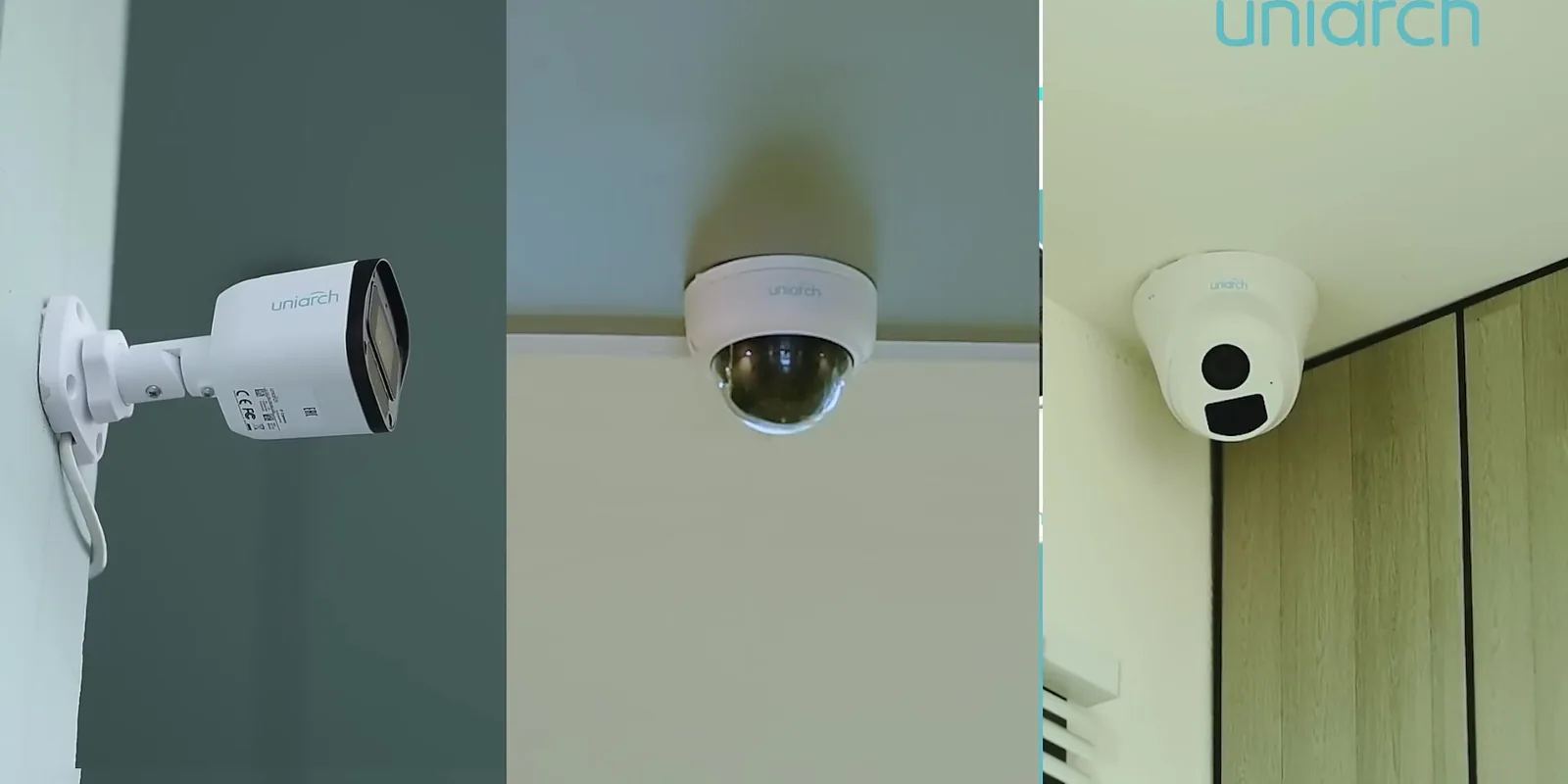 Uniarch bullet, dome and turret cameras mounted on a home