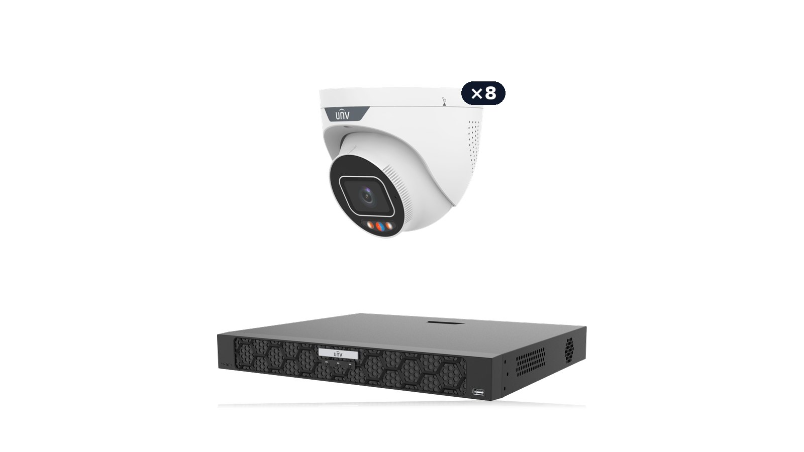 Uniview Tri-Guard Fortress Kit: eight 8MP 4K Tri-Guard turrets with the NVR502-16B-P16-IQ recorder