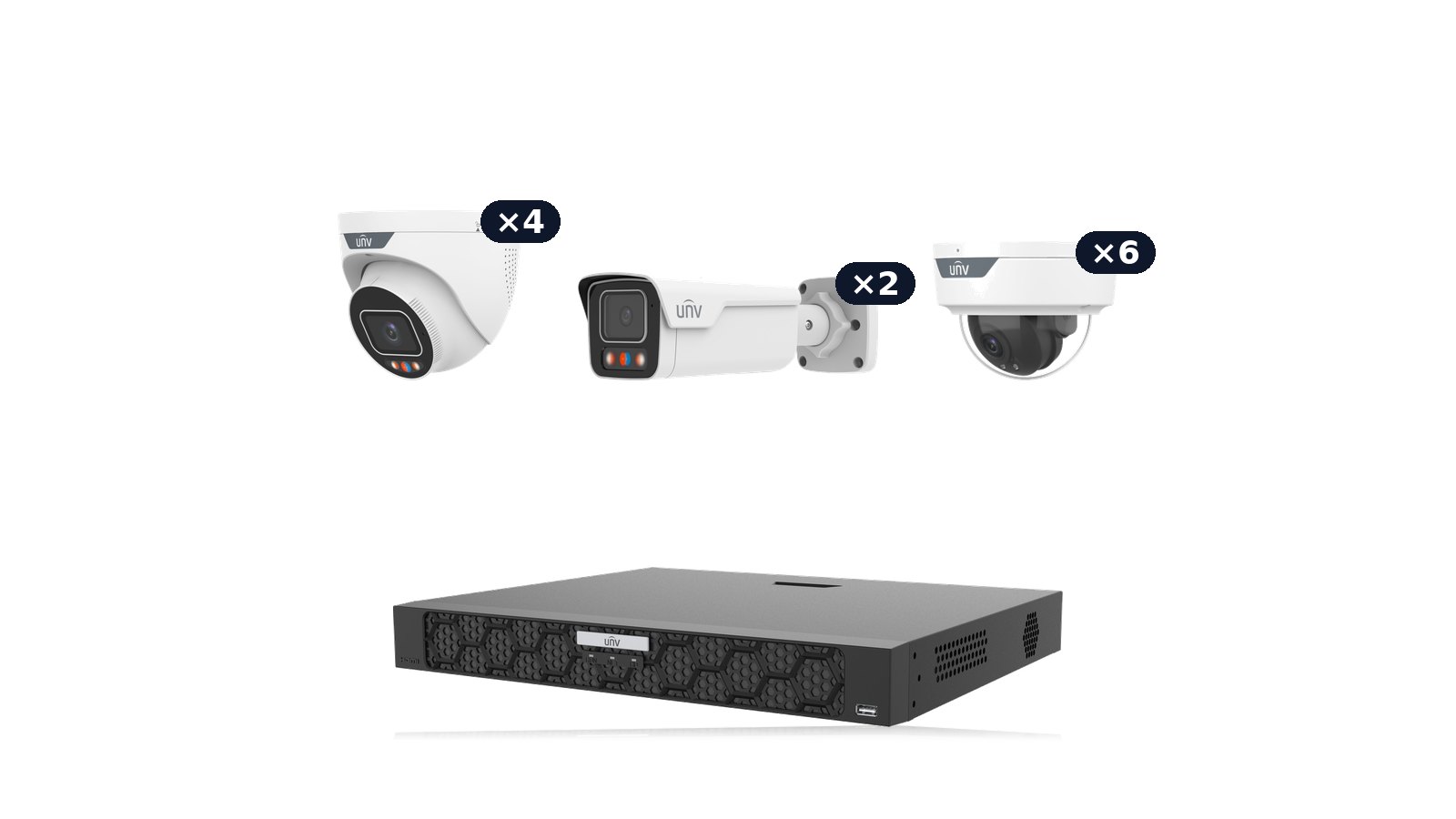 Uniview Business Pro 4K Kit: two 8MP 4K Tri-Guard bullets, four 8MP 4K Tri-Guard turrets and six 8MP 4K LightHunter domes with the NVR502-16B-P16-IQ recorder