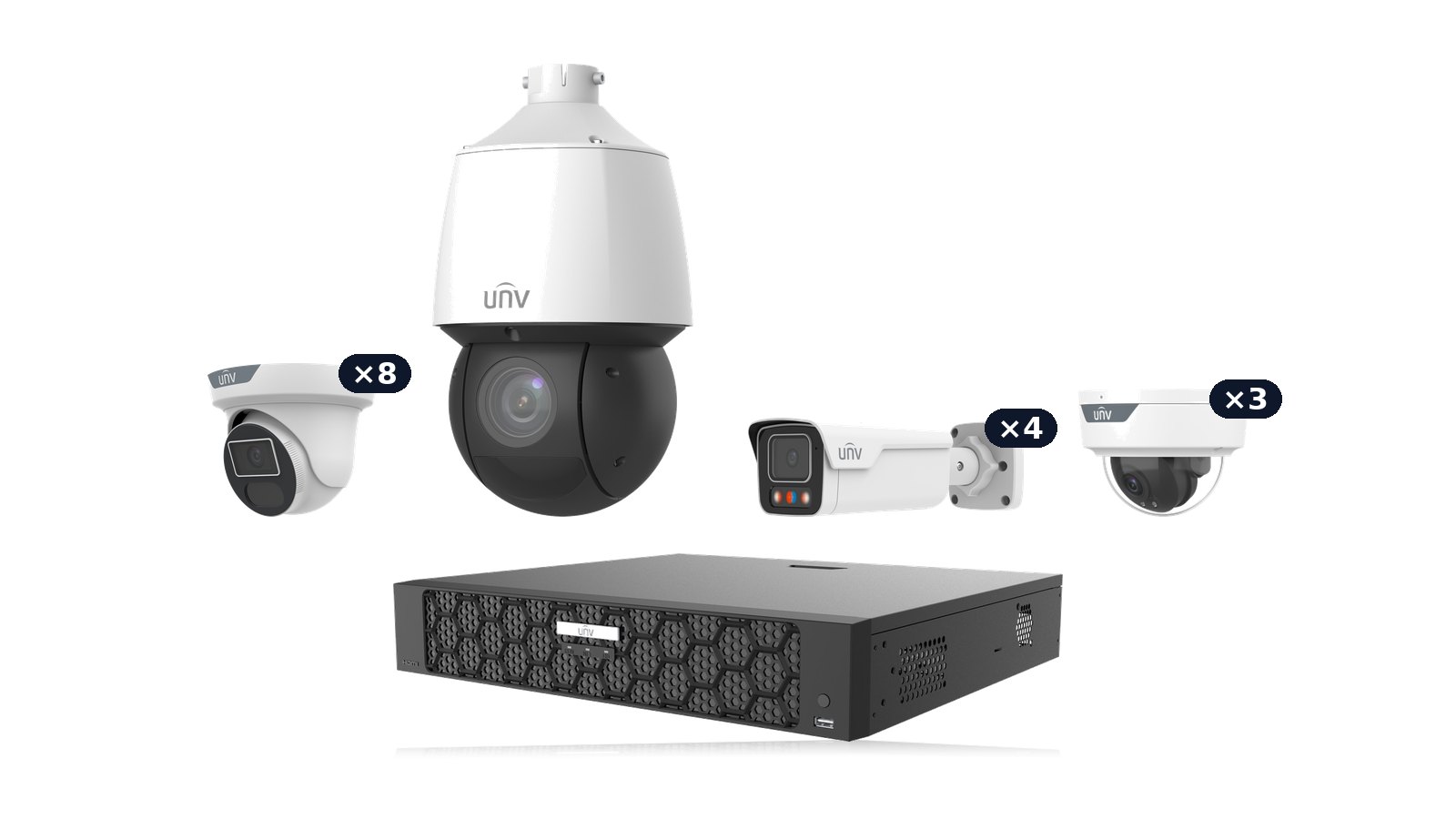 Uniview Commercial Command Kit: one 4MP 25× zoom PTZ, four 8MP 4K Tri-Guard bullets, three 8MP 4K LightHunter domes and eight 8MP 4K LightHunter turrets with the NVR504-32B-P16-IQ recorder