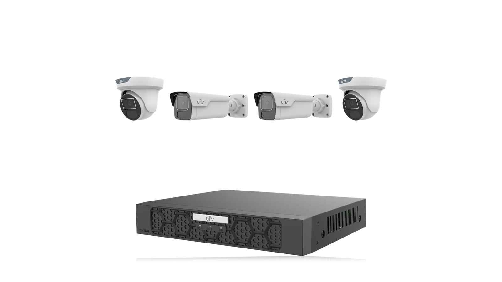 Uniview Driveway & Doors 4K Kit: two 8MP 4K LightHunter bullets and two 8MP 4K LightHunter turrets with the NVR501-04B-P4-IQ recorder