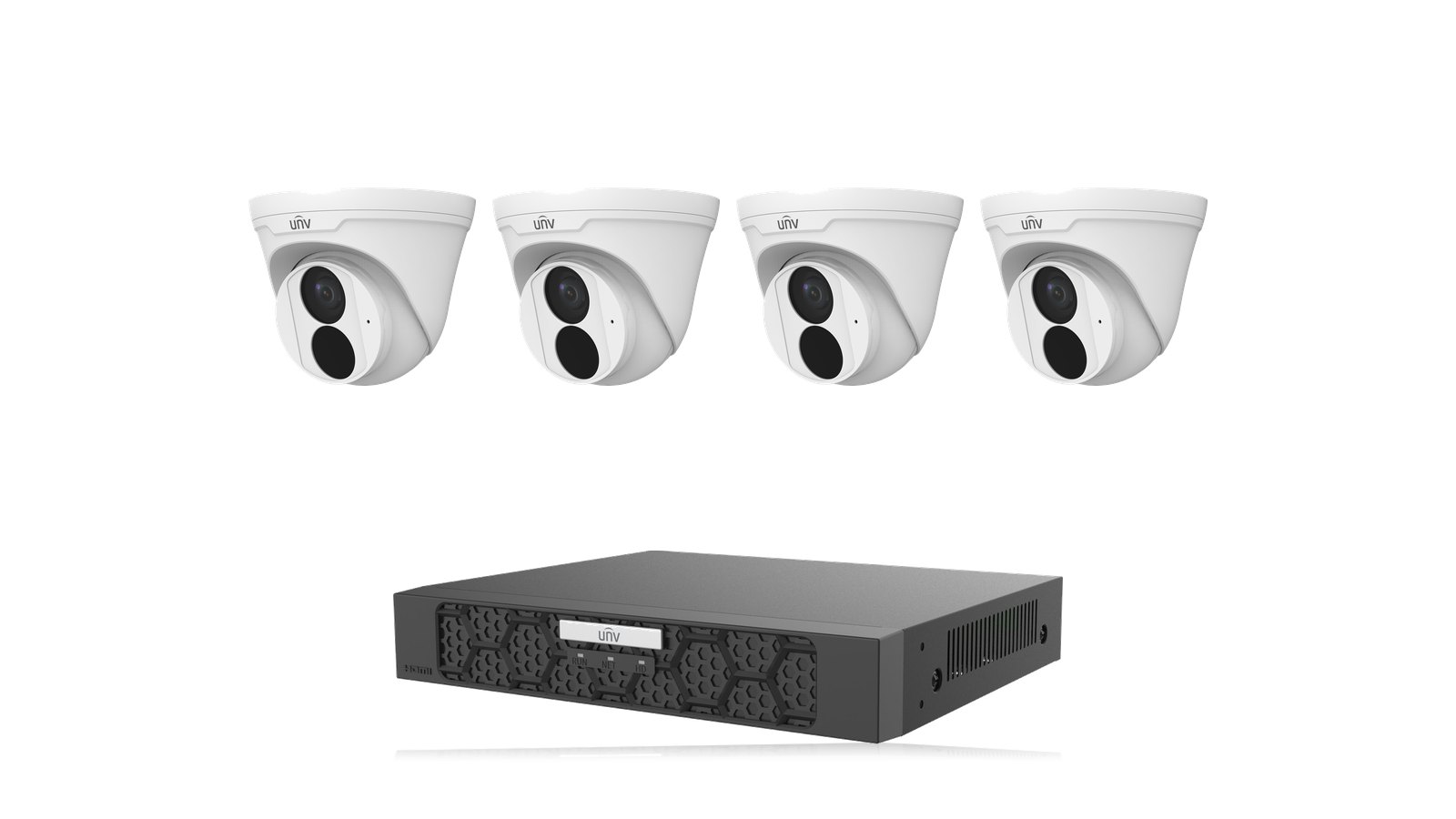 Uniview Essentials 4K Black Kit: four 8MP 4K Easy turrets, black with the NVR501-04B-P4-IQ recorder