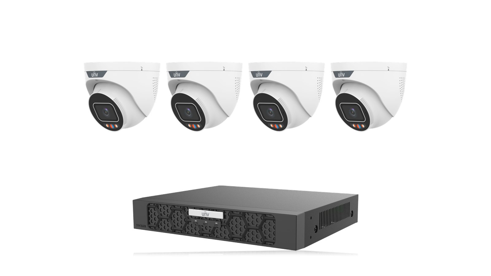 Uniview Tri-Guard 4K Black Kit: four 8MP 4K Tri-Guard turrets, black with the NVR501-08B-P8-IQ recorder