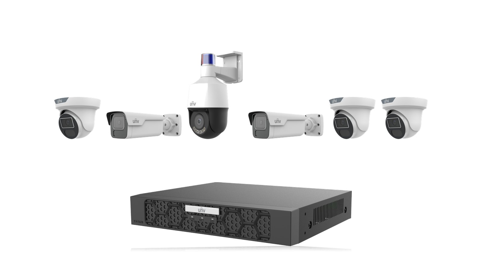 Uniview Acreage Watch Kit: two 8MP 4K LightHunter bullets, one 4MP 5× zoom PTZ and three 8MP 4K LightHunter turrets with the NVR501-08B-P8-IQ recorder