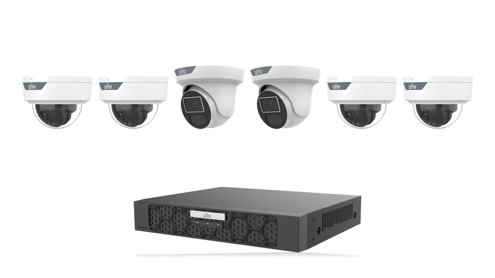 Uniview Shop & Office 4K Kit: two 8MP 4K LightHunter turrets and four 8MP 4K LightHunter domes with the NVR501-08B-P8-IQ recorder