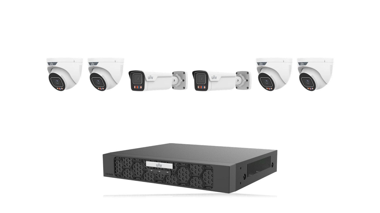 Uniview Tri-Guard Perimeter Kit: two 8MP 4K Tri-Guard bullets and four 8MP 4K Tri-Guard turrets with the NVR501-08B-P8-IQ recorder