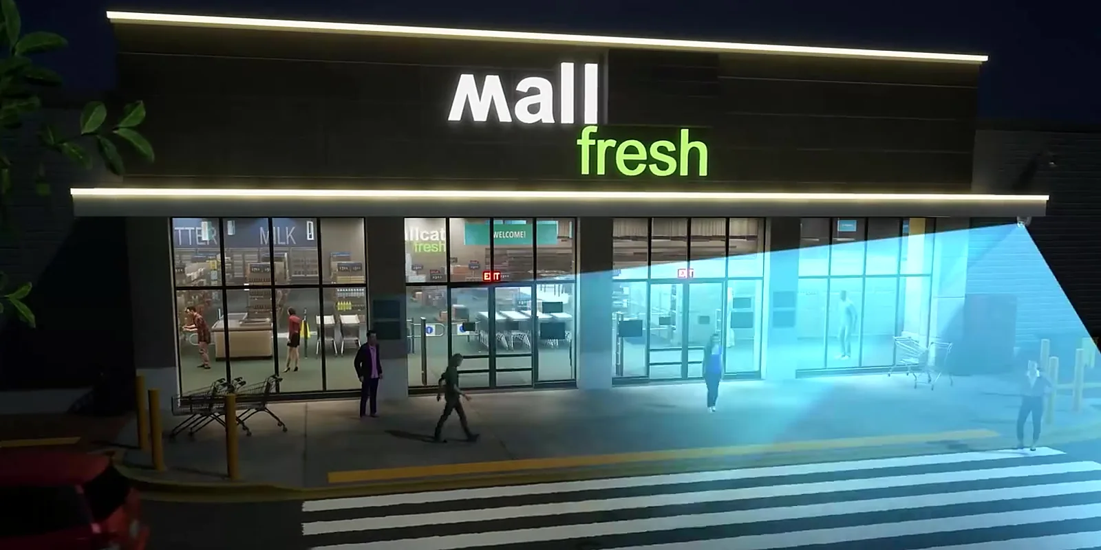 A Uniview camera covering a shopfront and crossing at night