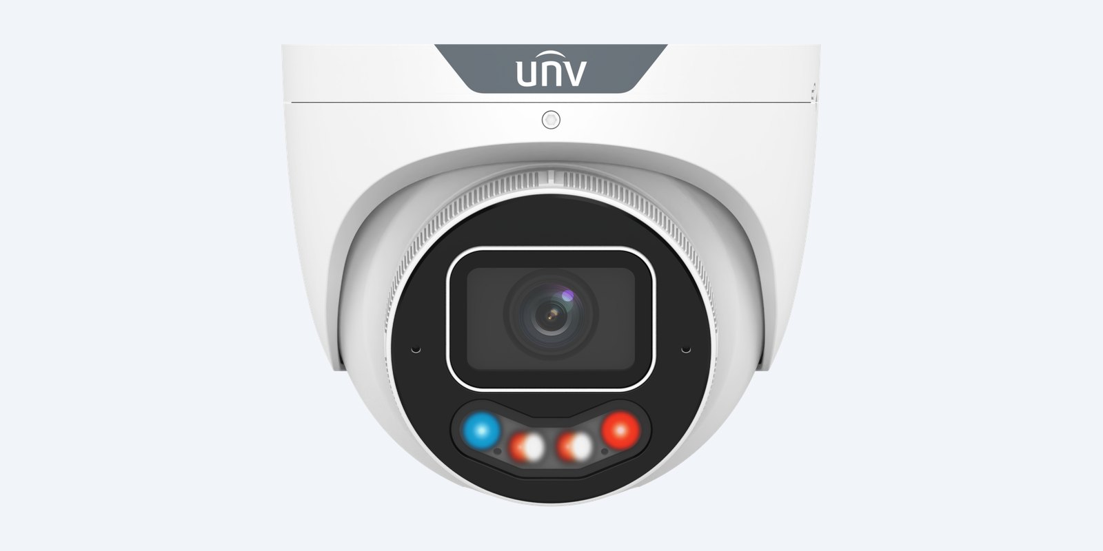 Uniview IPC3638SE-ADF28KMC-WP-I1-BK front view showing the lens, warning light and illuminators (shown in white; this model has a black housing)