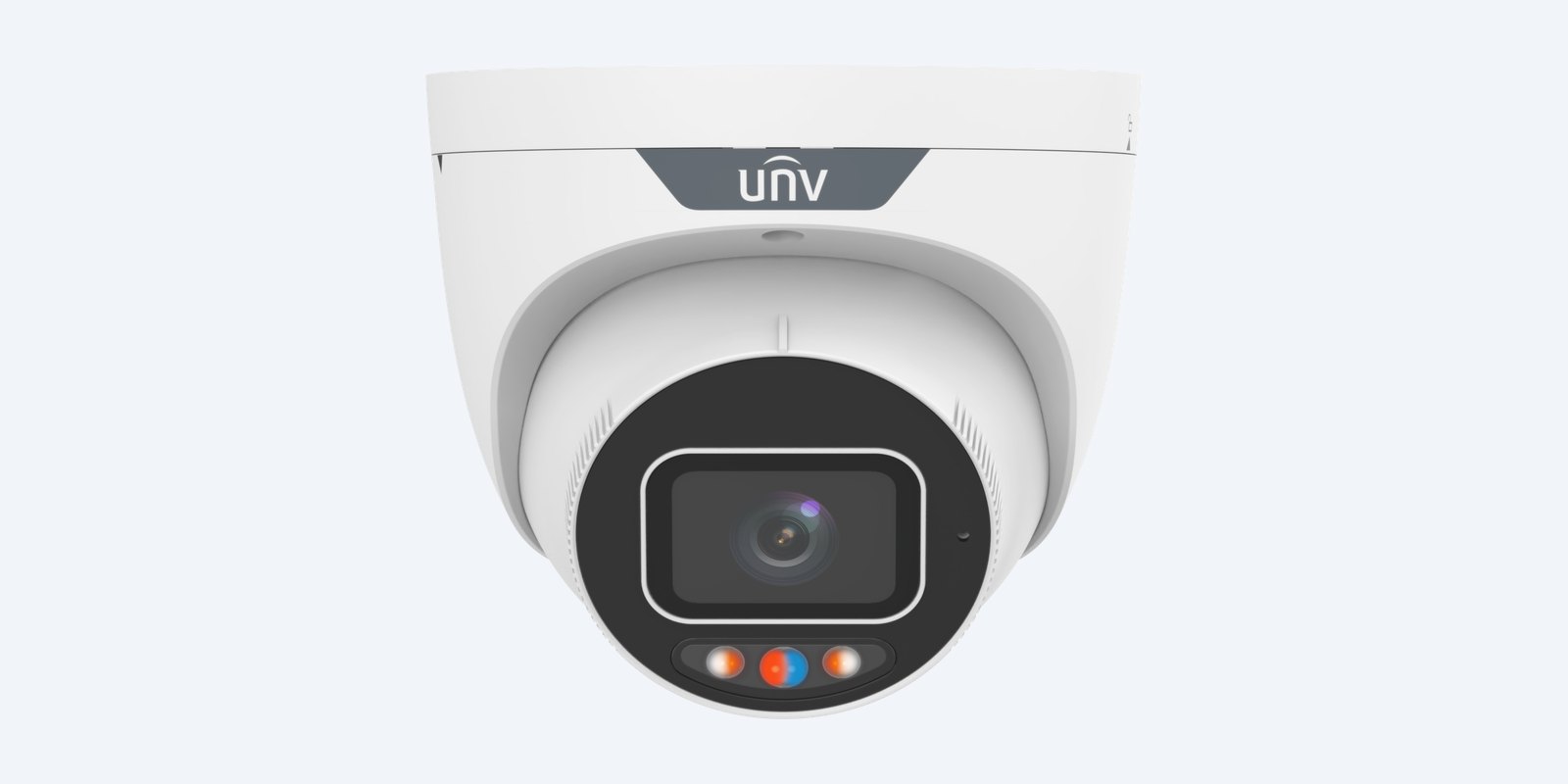 Uniview IPC3638SS-ADF28KMC-I1-BK front view showing the lens, warning light and illuminators (shown in white; this model has a black housing)