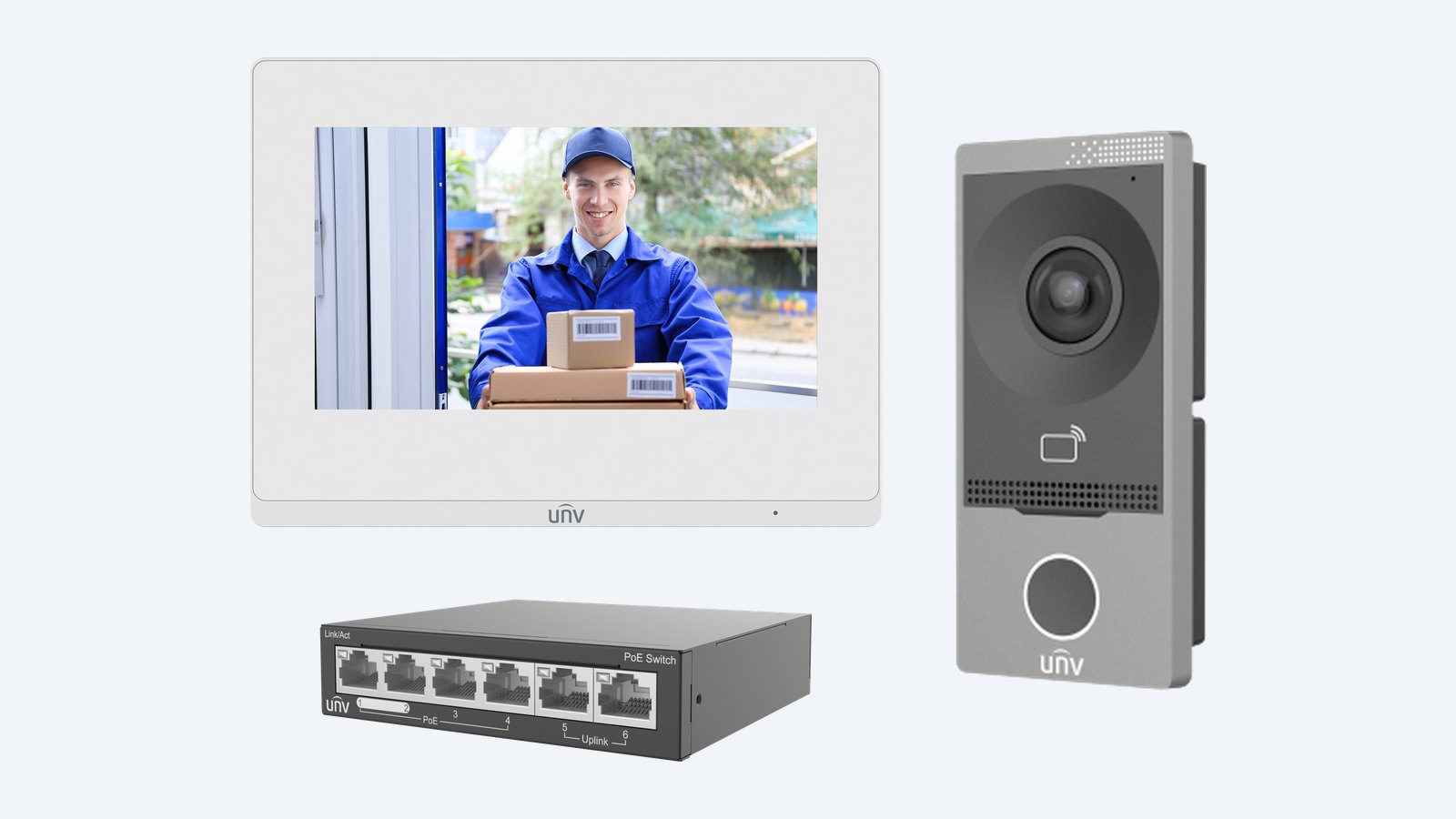 Uniview KIT/201S/372S/NSW2020 kit: door station, white indoor station and PoE switch