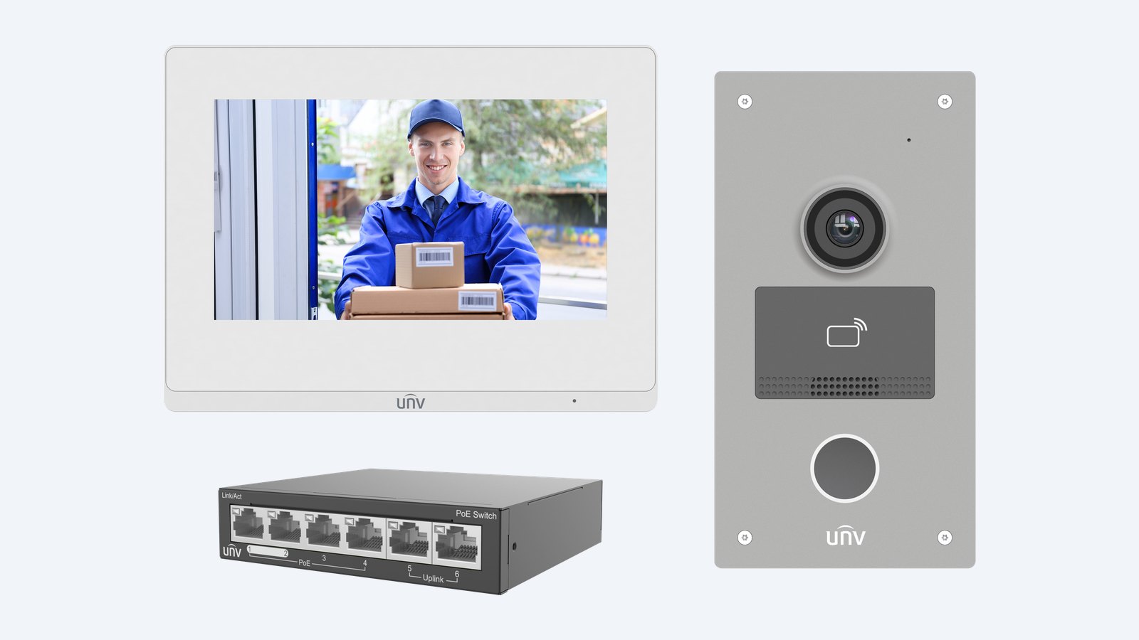 Uniview KIT/201S-Z/372S/NSW2020 kit: door station, white indoor station and PoE switch