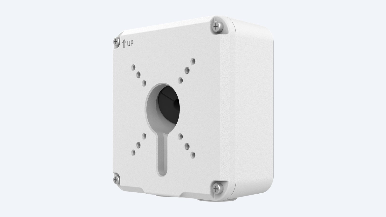 Uniview TR-JB07-D-IN-BK square black bullet junction box with UP arrow and centre cable hole (photo shows the white version)