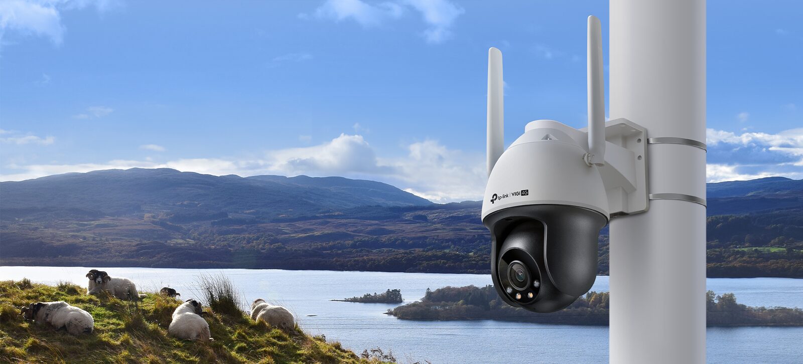 VIGI C540-4G 4G pan-tilt camera mounted on a pole above a lake