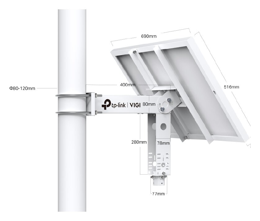 VIGI SP6020 dimensions: 690 by 516 mm panel, 400 mm arm, 80 to 120 mm pole