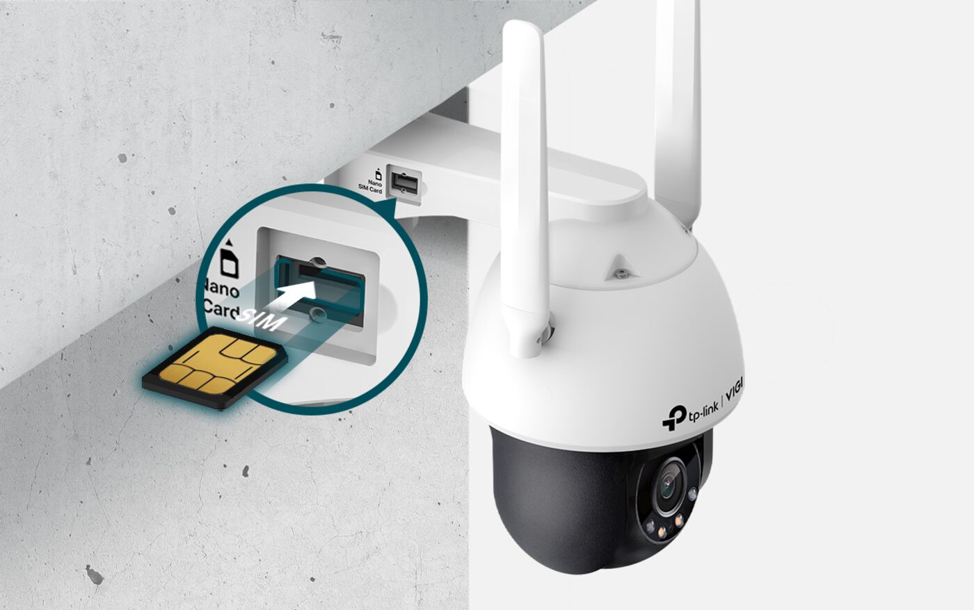 Nano-SIM card going into the slot on the VIGI C540-4G mounting arm
