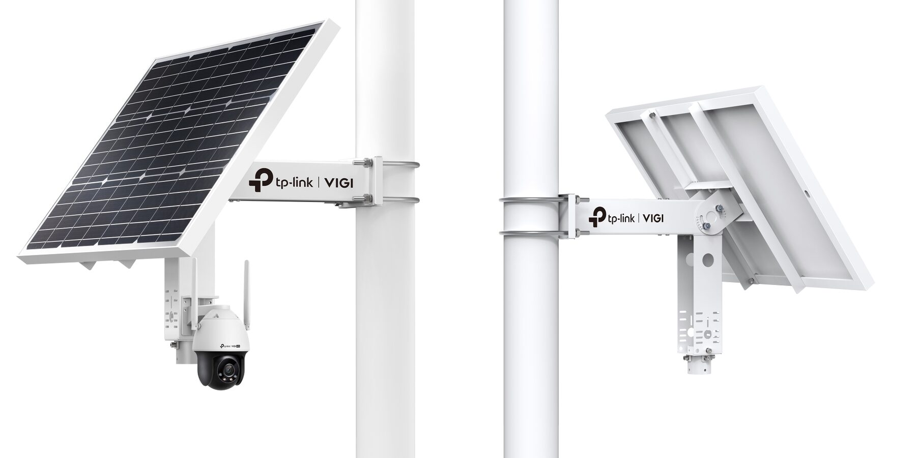 VIGI SP6020 solar panel front with the C540-4G camera, and rear view of the galvanised steel bracket