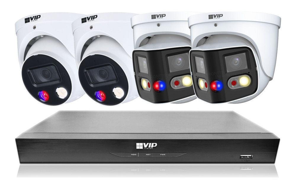 VIP Vision V8600 kit: two deterrence dome cameras, two 180° dual-lens cameras and an 8-channel recorder