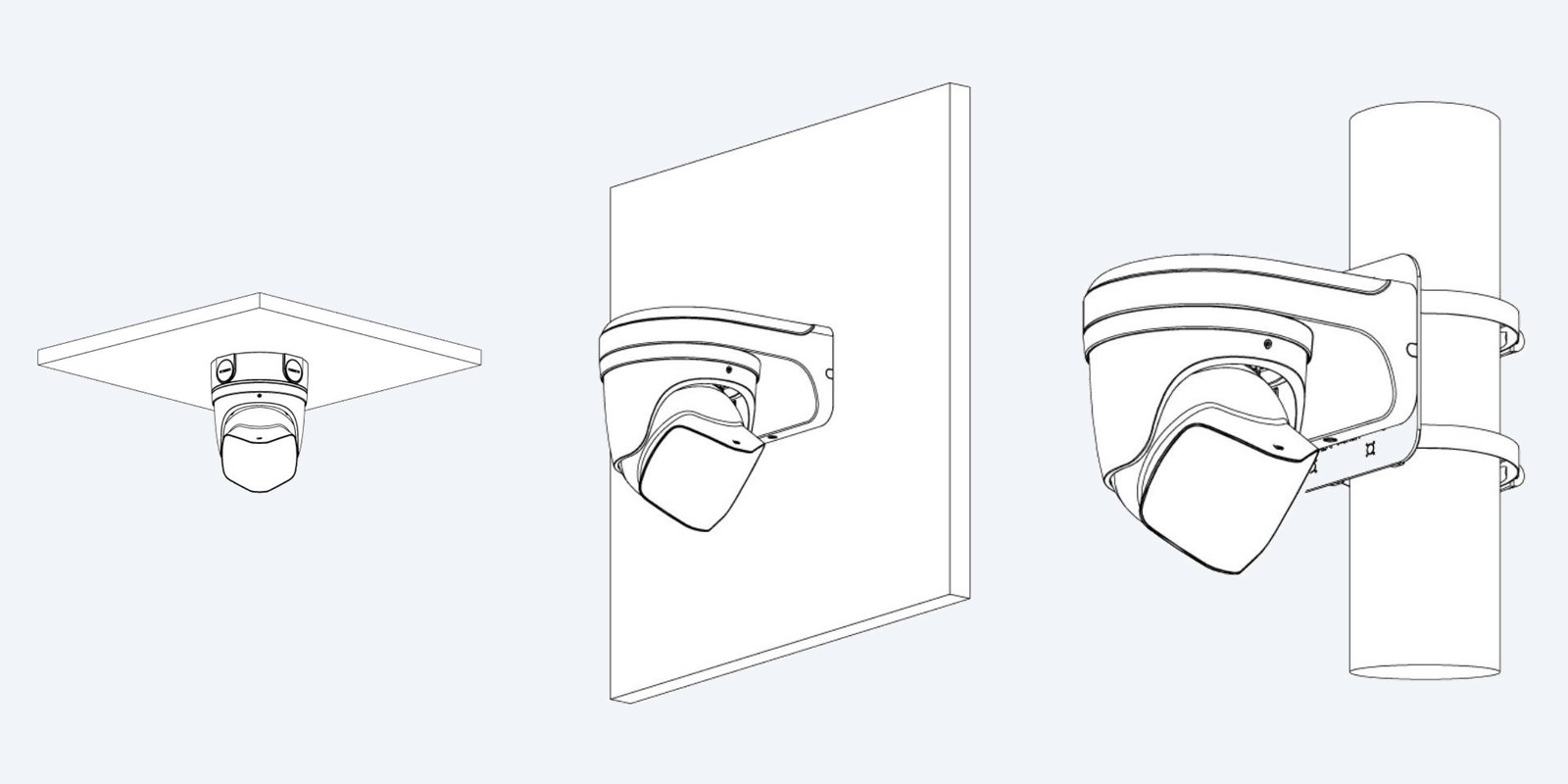 VSIPP-8DD-ID3 mounted on a ceiling, a wall bracket and a pole
