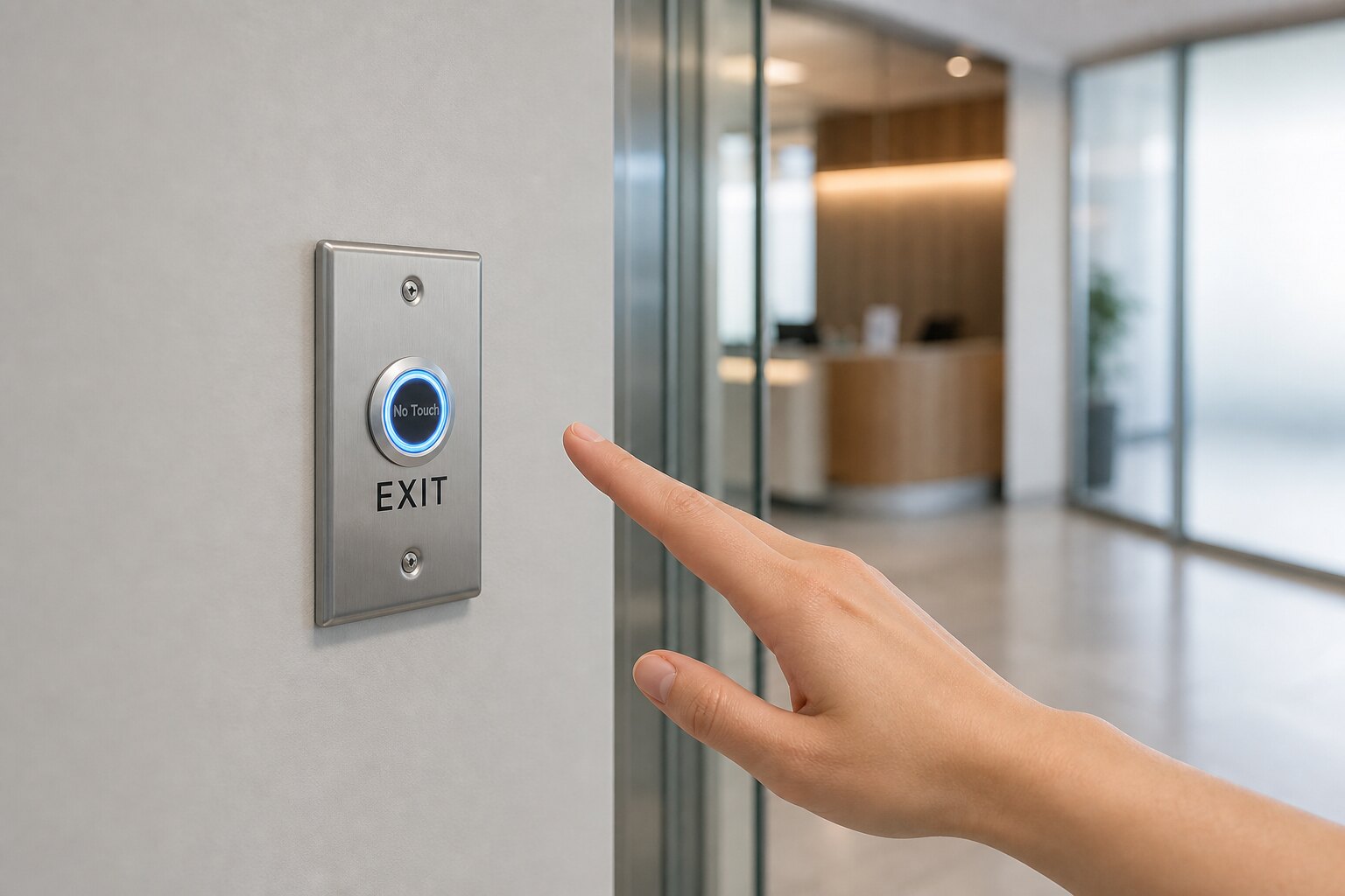 X2-EXIT-006 touchless exit button installed beside a modern frameless glass automatic door in a commercial reception, with a hand hovering just in front of the No-Touch infrared sensor — illustrative install scene.