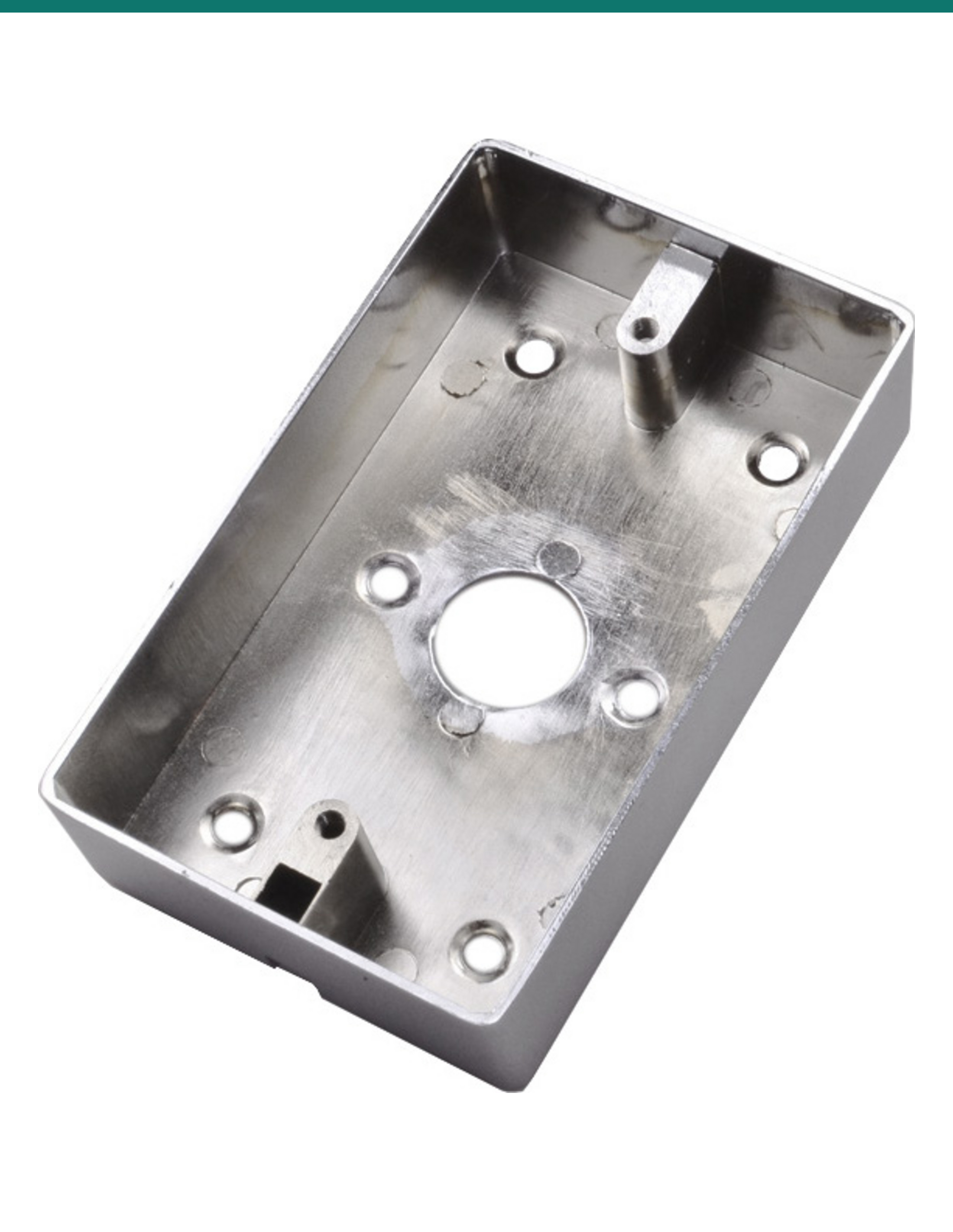 X2-EXIT-016 chrome-plated zinc-alloy back box at three-quarter angle showing the centre cable knockout and corner mounting bosses