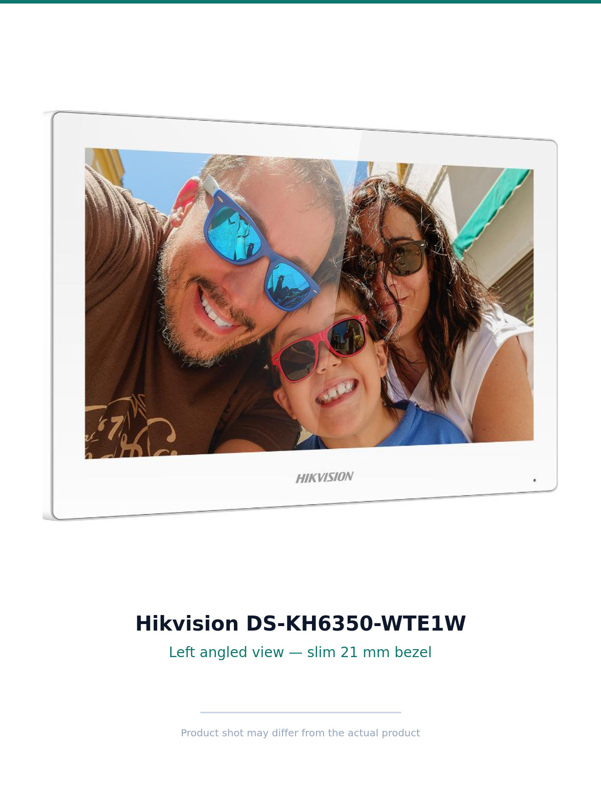 Slim 21mm Hikvision DS-KH6350-WTE1W indoor monitor — left isometric view showing wall-mount profile