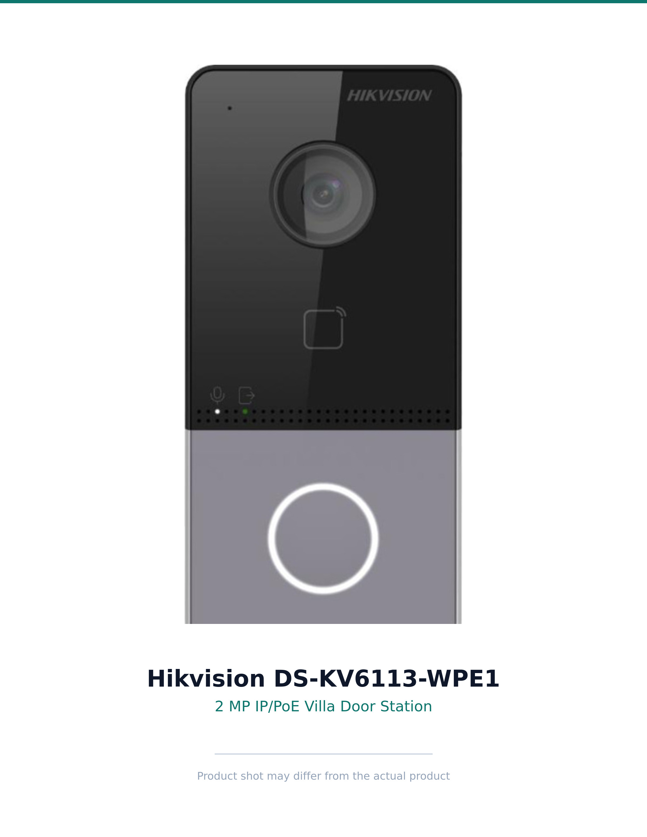 Hikvision DS-KV6113-WPE1 front view showing 2 MP HD camera, IR supplement, single-button call design and integrated Mifare reader